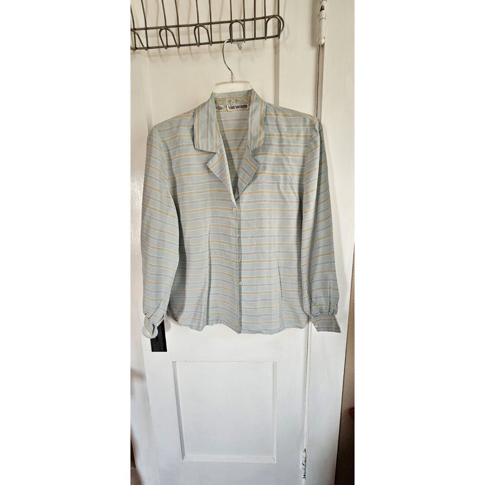 Vintage‎ 100% Silk Mary Ann Restivo blue/brown stripe Shirt Blouse Size 6